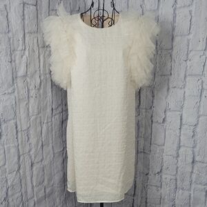 Entro White Ruffle Sleeve Textured Shift Dress Tulle Statement Large NWT